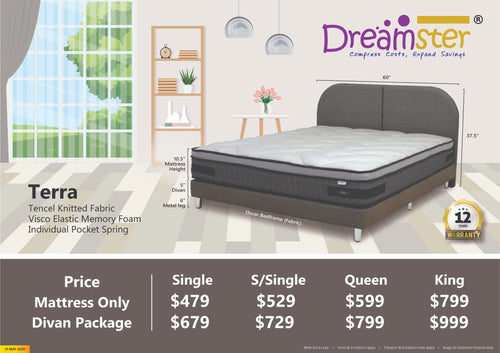 Dreamster Terra Memory Foam Euro Top Individual Pocketed Spring Mattress Bundle