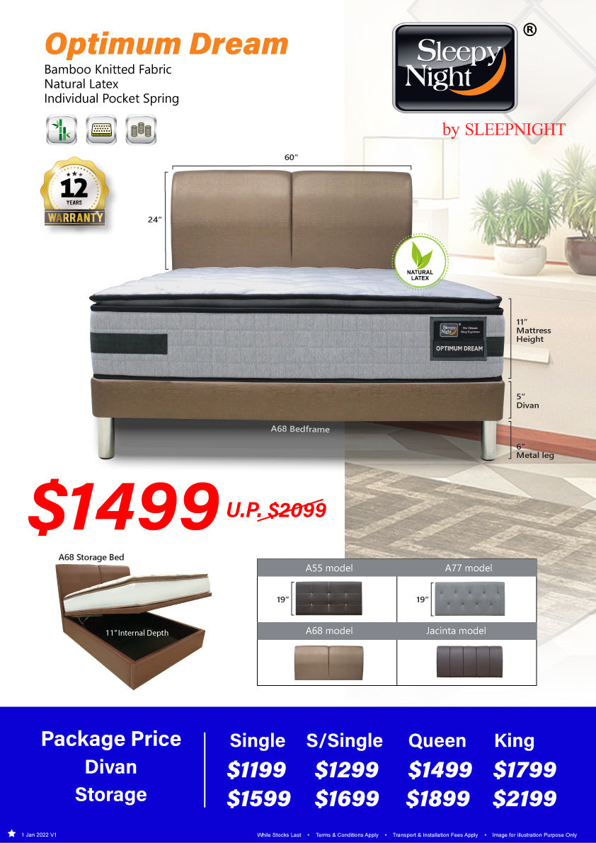 Sleepy Night Optimum Dream Latex Pillow Top Pocketed Spring Mattress Bundle (Free Bedframe!)